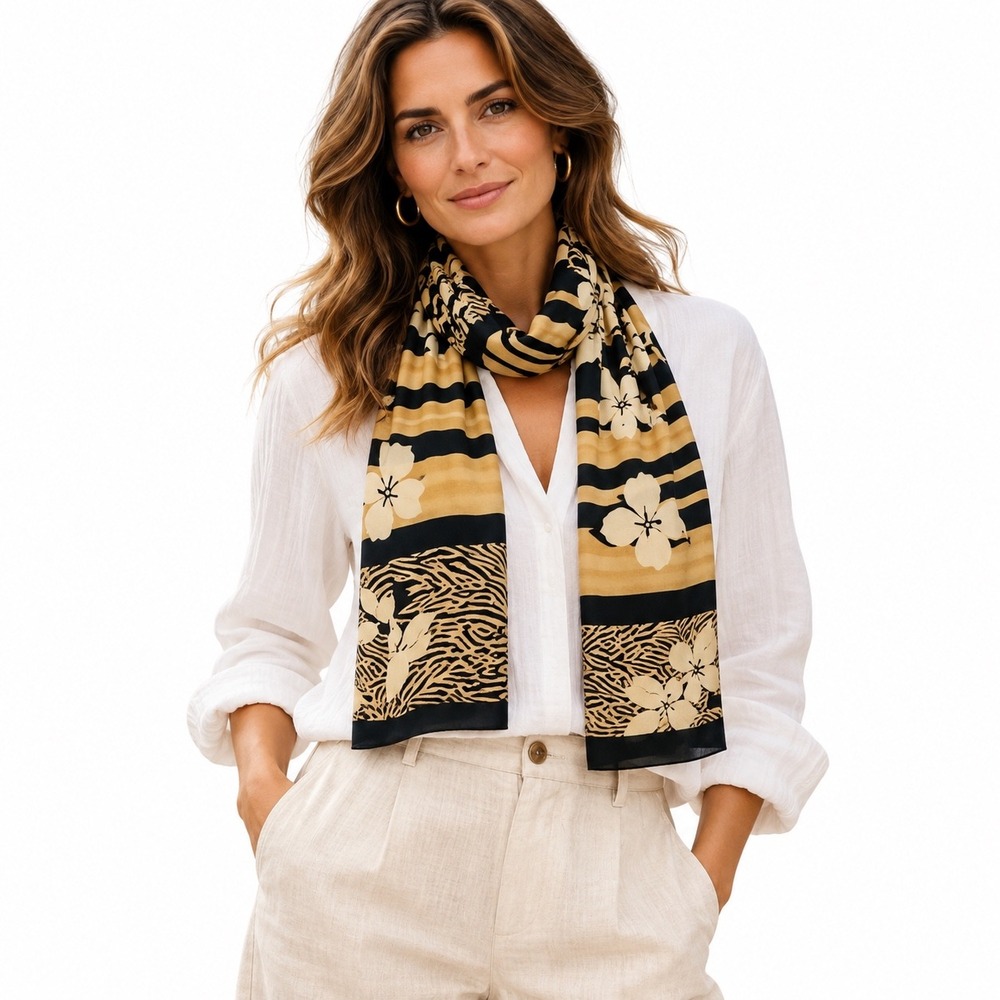 Hawaiian Floral Animal Print Scarf Wrap Black Tan Tiger Hibiscus Classic Resort